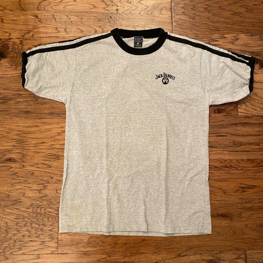 Jack Daniels Ringer T-Shirt Mens Large Gray Black Stripe Old No 7 Logo
